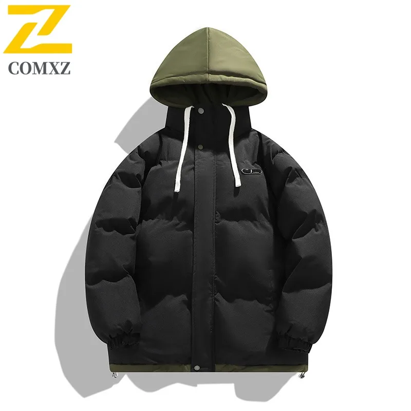 COMXZ 2025 Mens Winter Hooded Puffer Jacket Fake Two Piece American Style New Thick Warm Thickened Cold-proof Outdoor Sport Coat