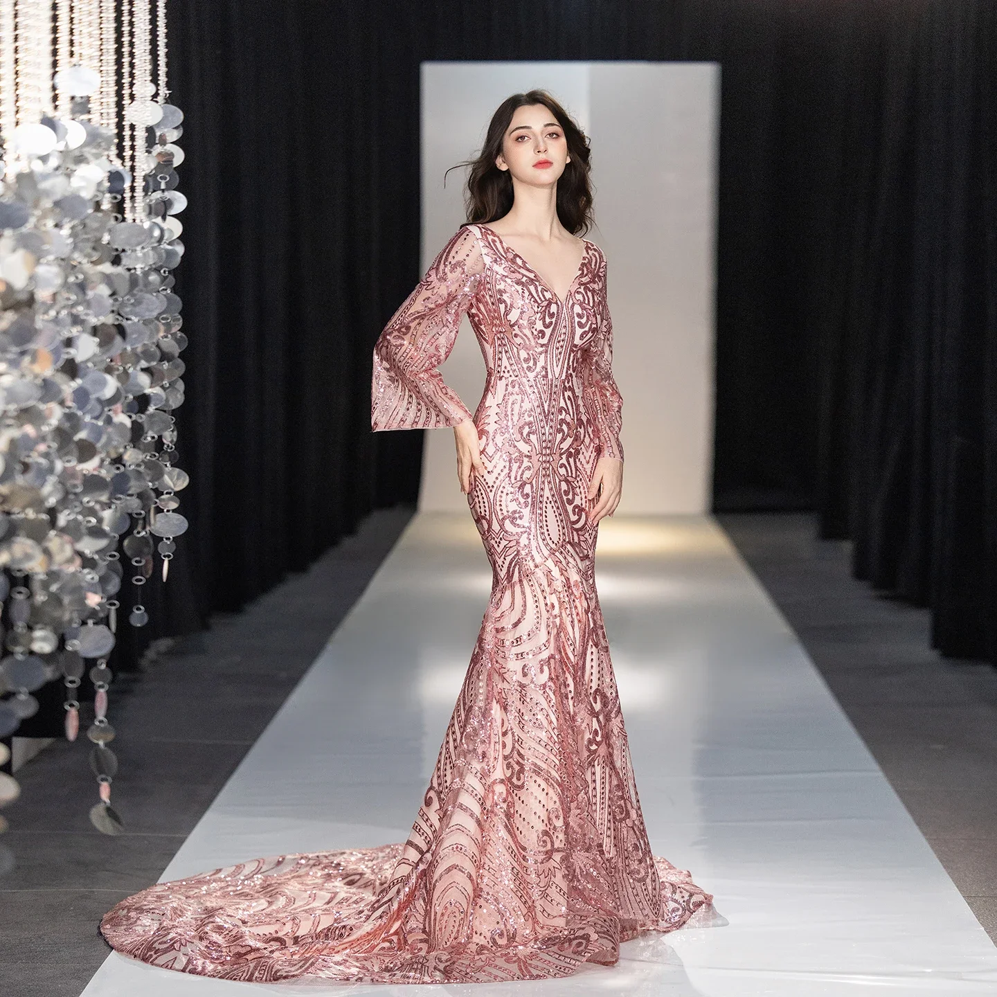 Rose Gold Baroque Sequin Mermaid Evening Dress Deep V Neck Sheer Bell Sleeve Floor Length Train Formal Gown Maxi