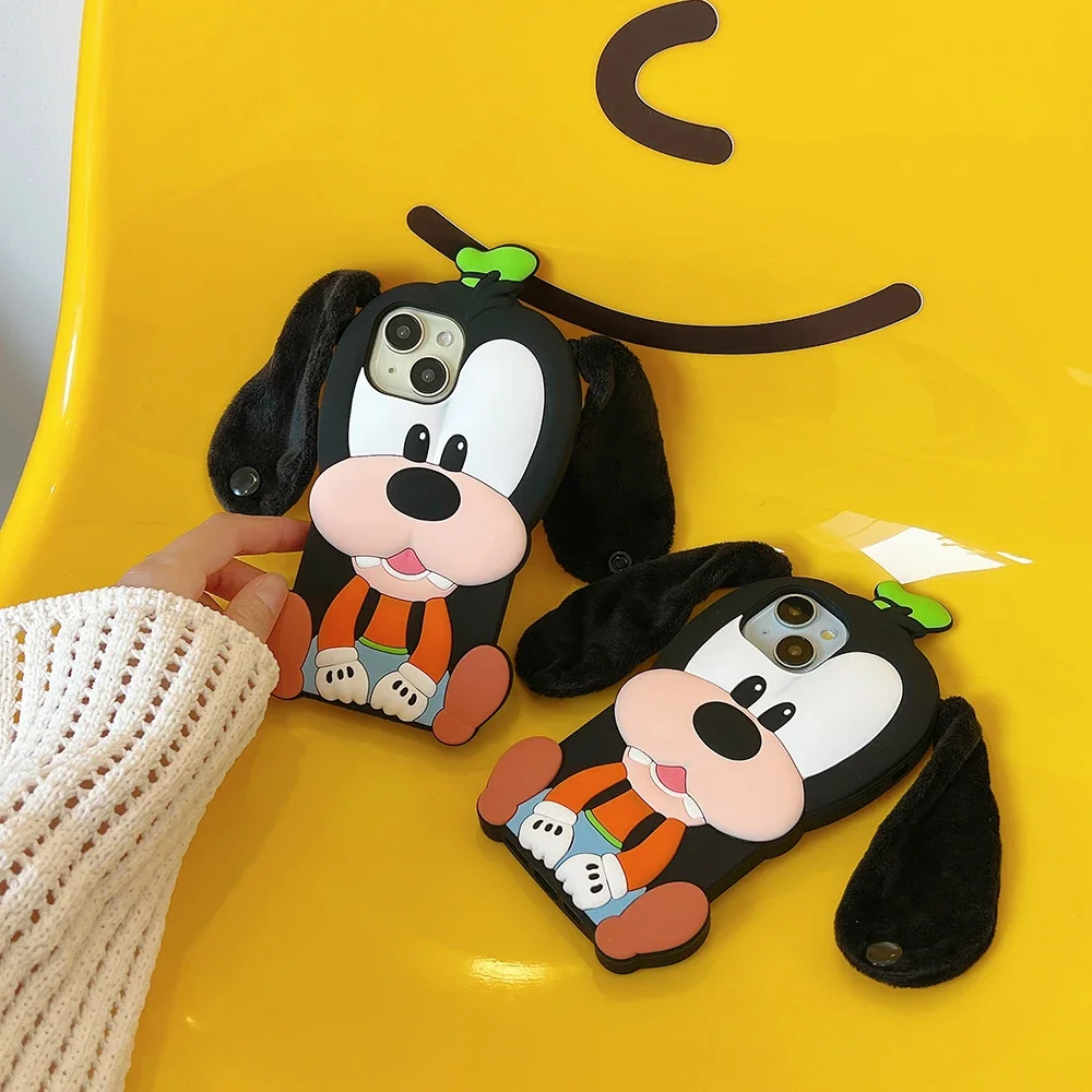 3D Cartoon Plush Ear Disneies Mickey Goofy Stereoscopic Phone Case for IPhone 16 15 14 13 12 11 Pro Max Soft Silicone Back Cover