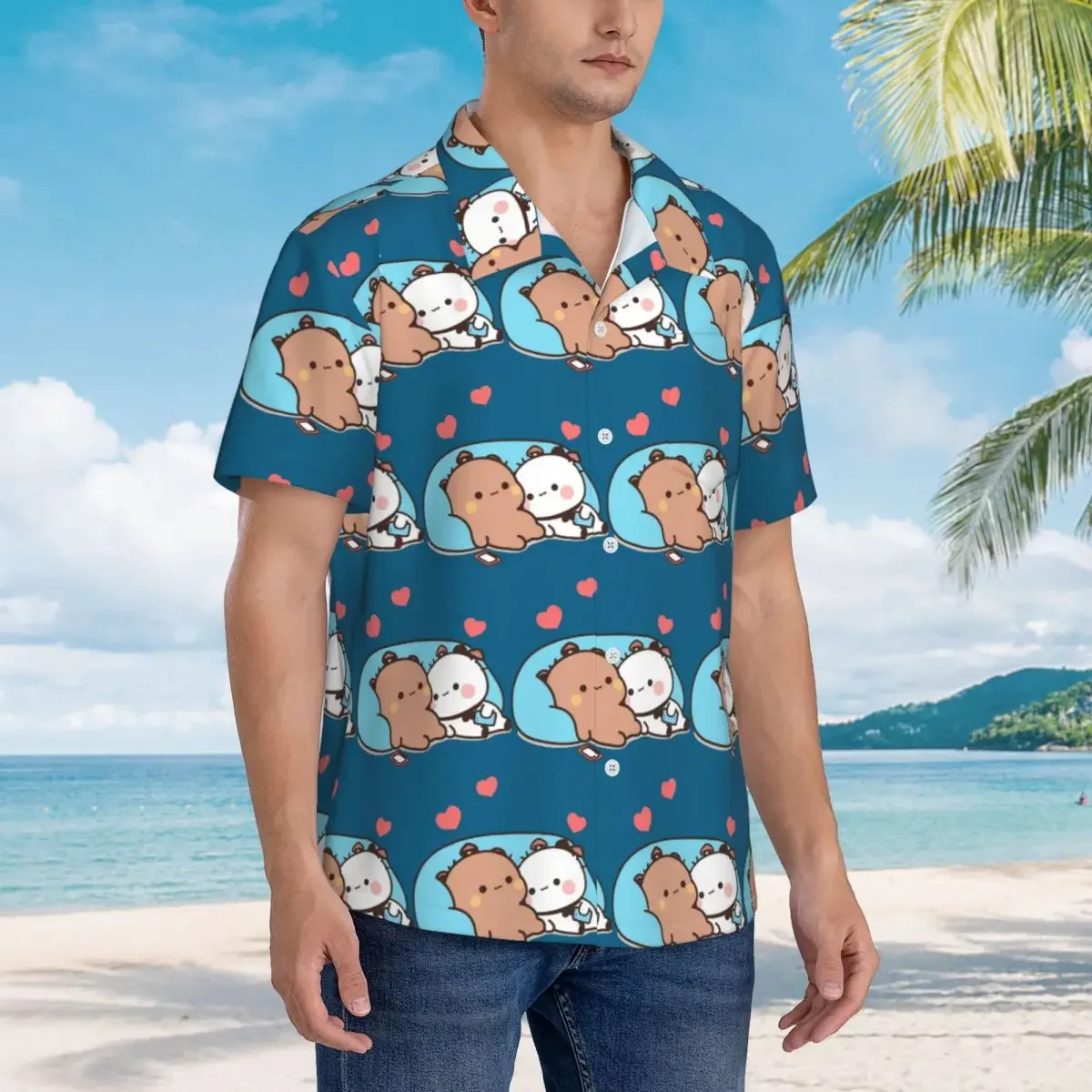 

Bubu Dudu Panda Bears Cartoon Hawaiian Shirts Fashion Men Short Sleeve Shirt for Summer Beach Men's Lapel Tops