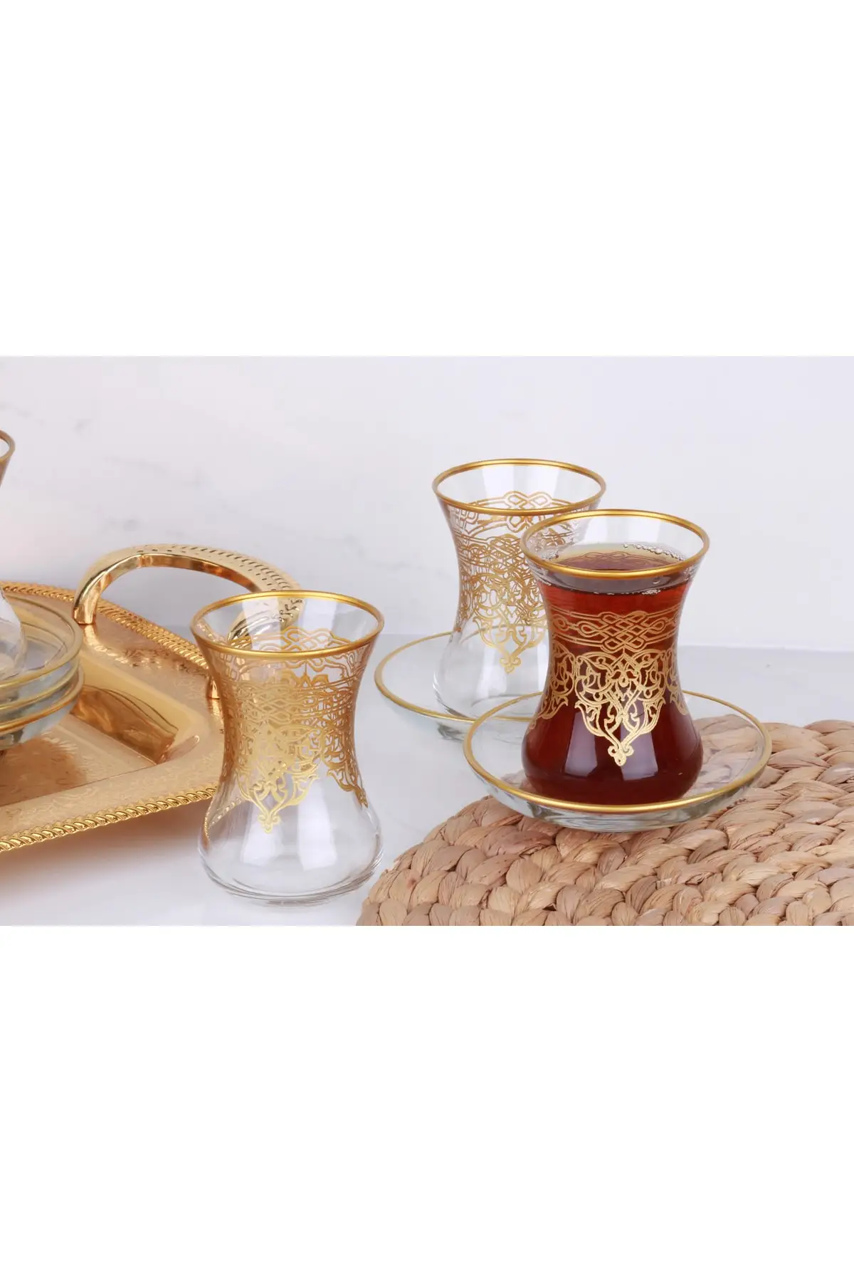 DOLBOVI palace 12 piece mouth gold full leaf Tea set Turkish Tea Glass Cup