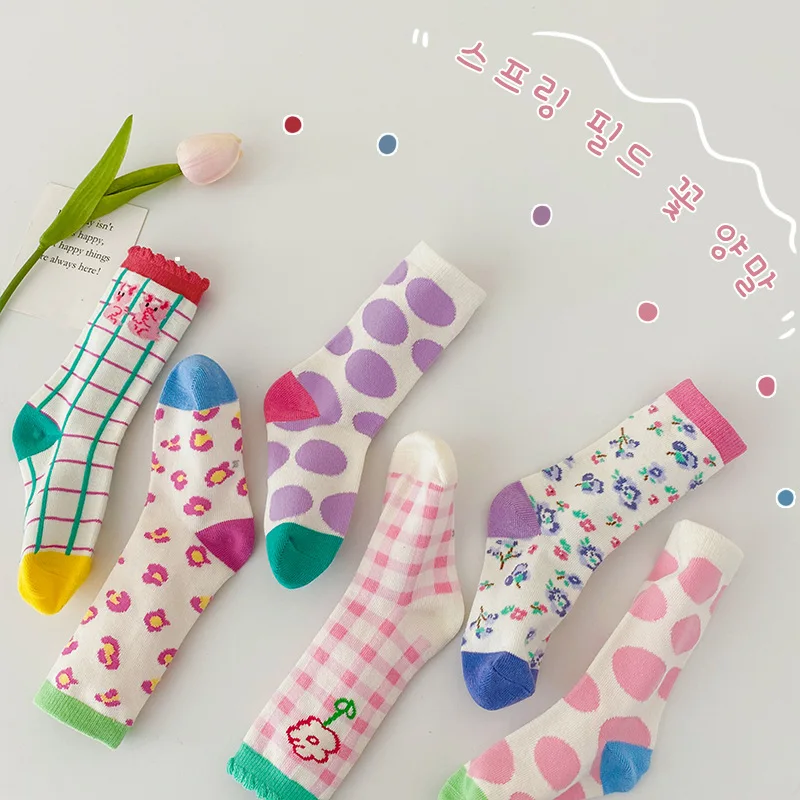 3Pairs Pack 1-8 Year 2022 spring color-blocked plaid floral socks bubble mouth girls socks