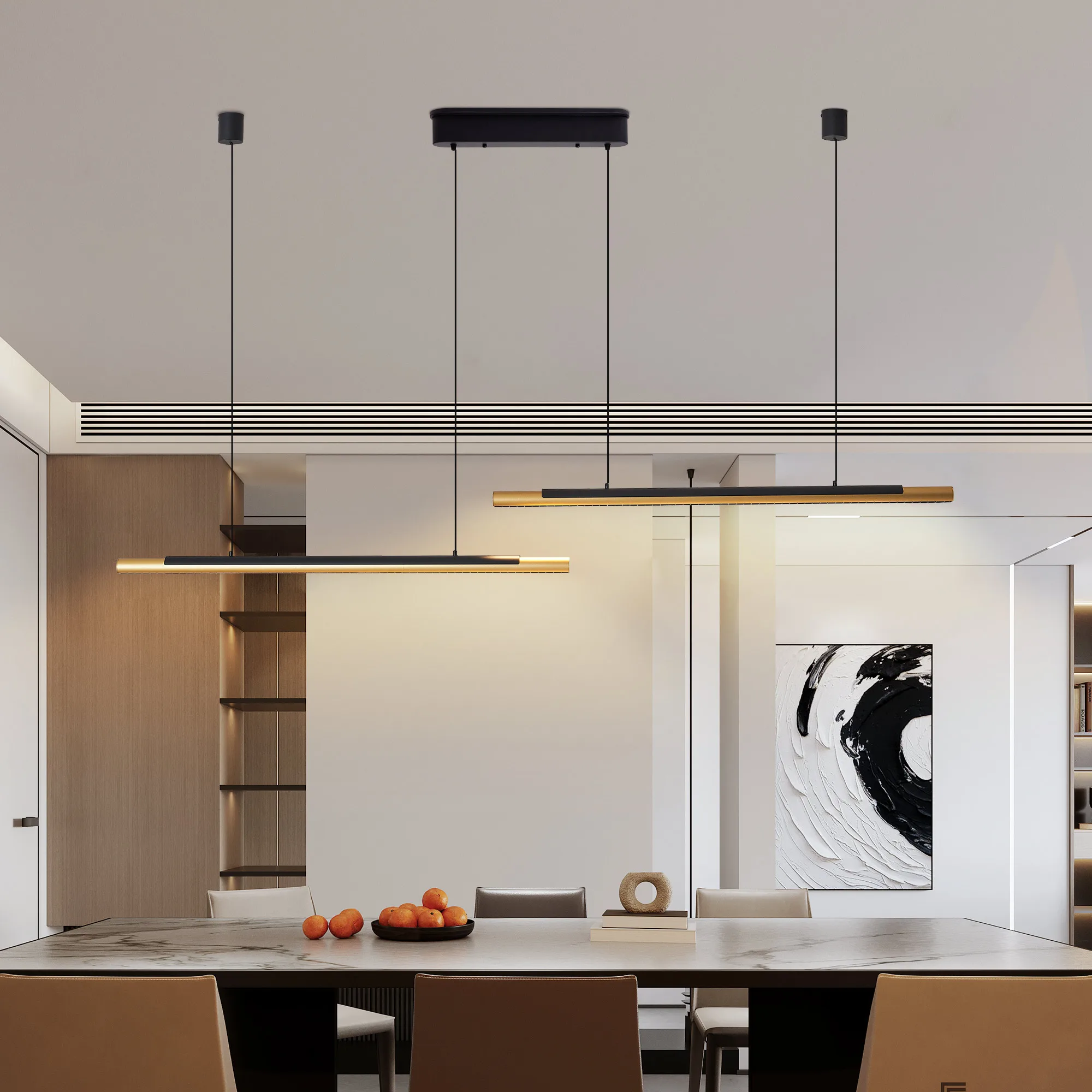 

Dimmable Linear Wood Chandelier for Dinning Room Bar, Wood Grain Print, Pendant Light Fixture Led Linear Island Light