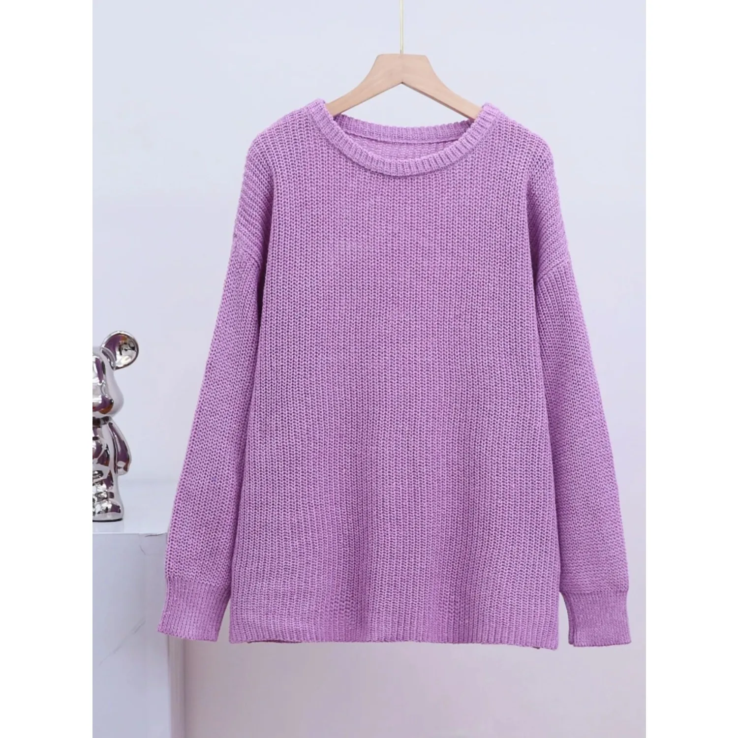 เสื้อสเวตเตอร์ผู้หญิงแขนยาวสีพื้นเรียบง่าย คอทรงกลม ถักนิตติ้ง สีพื้น ทรงหลวม สำหรับฤดูใบไม้ร่วง