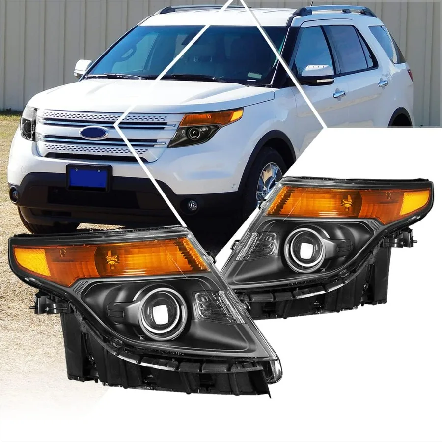 

Projector Headlight Assembly Compatible with Ford Explorer 11-15 | Headlamps with Black Housing Amber Corner