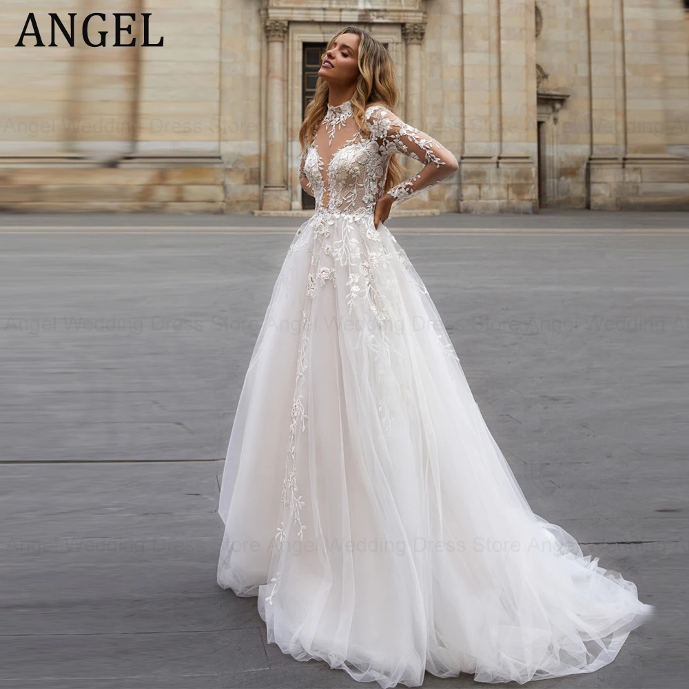 

ANGEL Sexy Backless Wedding Dress For Bride Long Sleeves Applique Romatic Bride Gowns A-Line Tulle Applique Vestido De Novia