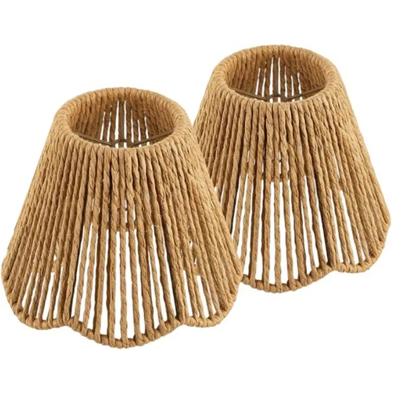ABUI-2 Pack Small Rattan Lampshade, Boho Vertical Striped Rattan Lampshade Replacement For Table Chandelier Wall Lamp