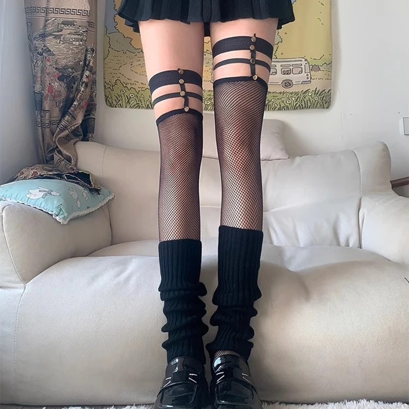 Hollow Mesh Stockings Gothic Elastic Ladies Long Socks Breathable Fishnet Female Over Knee-high Sock Metal Rivets Sexy Stockings