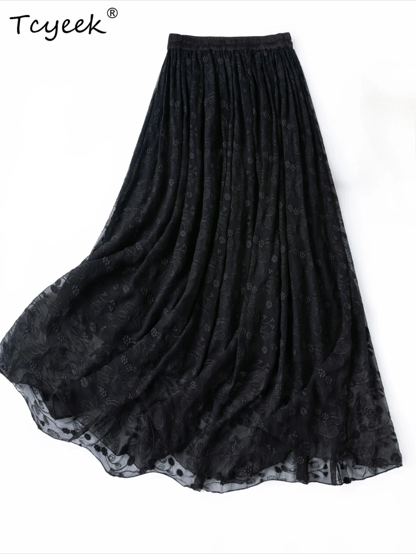 

Tcyeek 100% Real Silk Womens Skirts 2026 Elegant Clothes Black Skirt Women's Summer Skirt Heavy Embroidery Faldones Para Mujer
