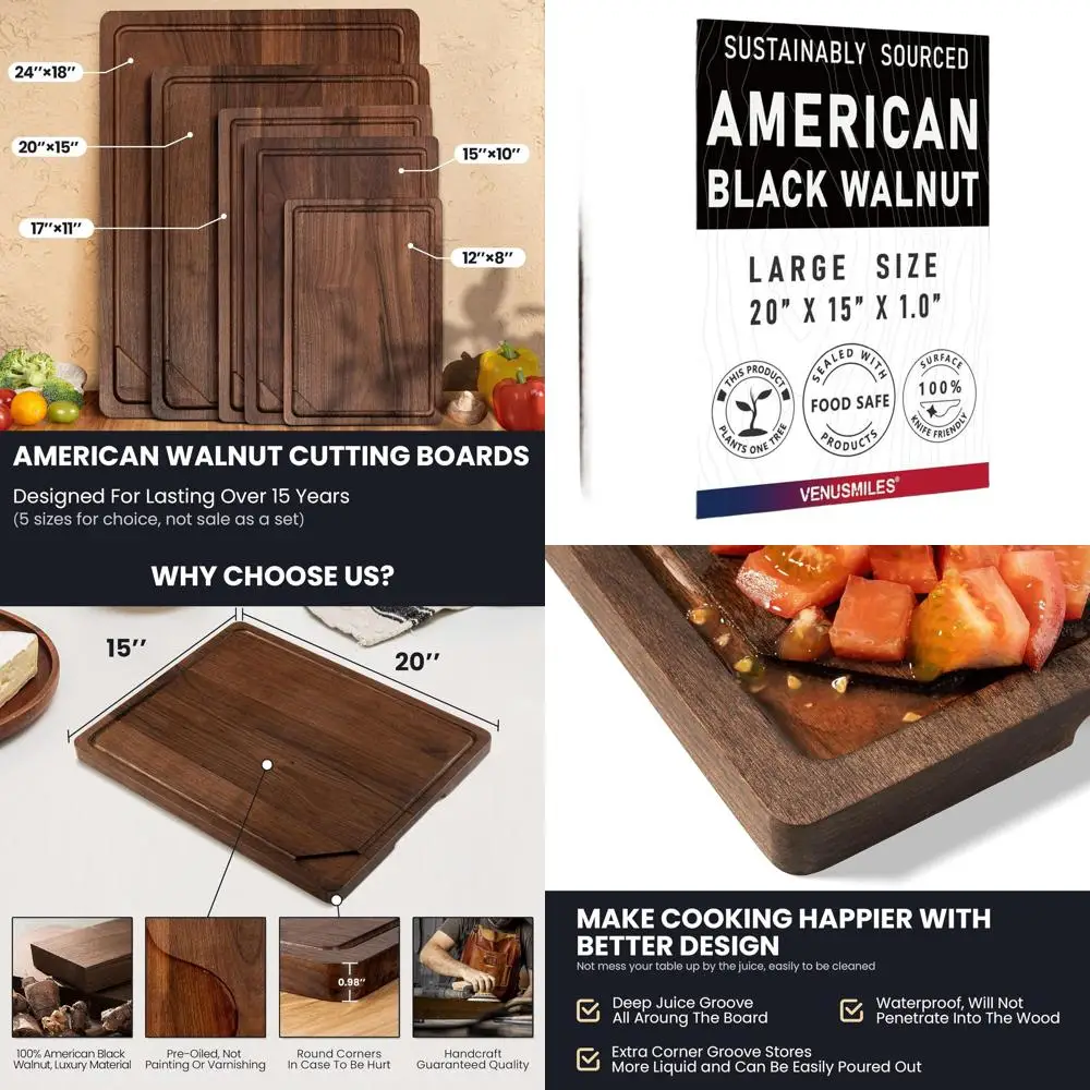 

Large Reversible Black Walnut Chopping Board with Deep Juice Groove and Side Handles, 20 x 15 x 1