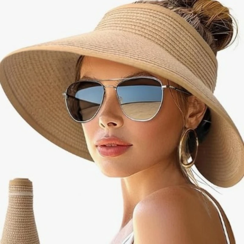 

Women's Open-Top Sun Hat with Wide Brim Straw-Woven Wide-Brimmed Beach Ponytail Hat Foldable Floppy Disk Outdoor Getaway