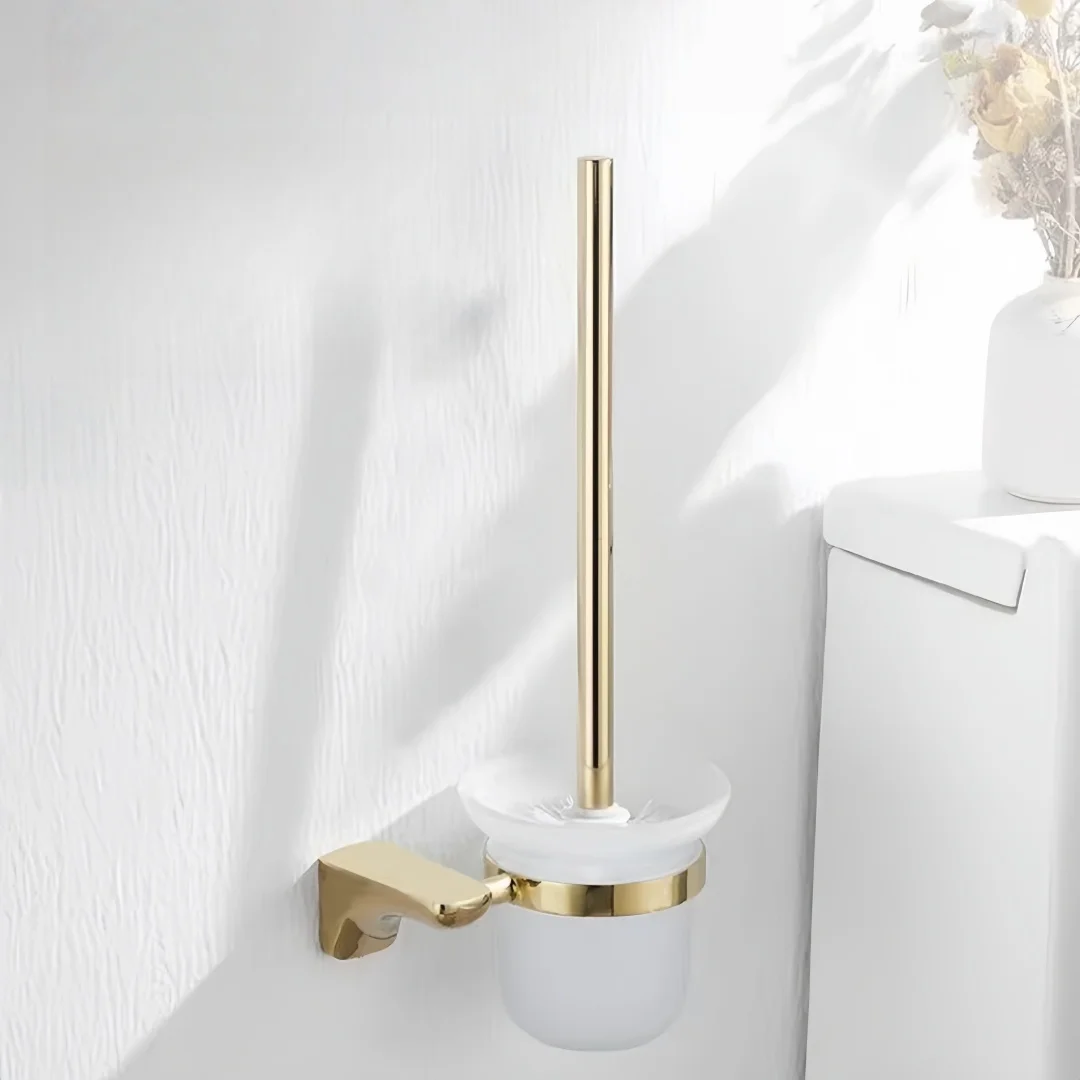 Gold Brass Toilet Brush Holder with Brush Wall Mounted Chrome Bathroom Toilet Scrub Cleaning Brush Holder Set