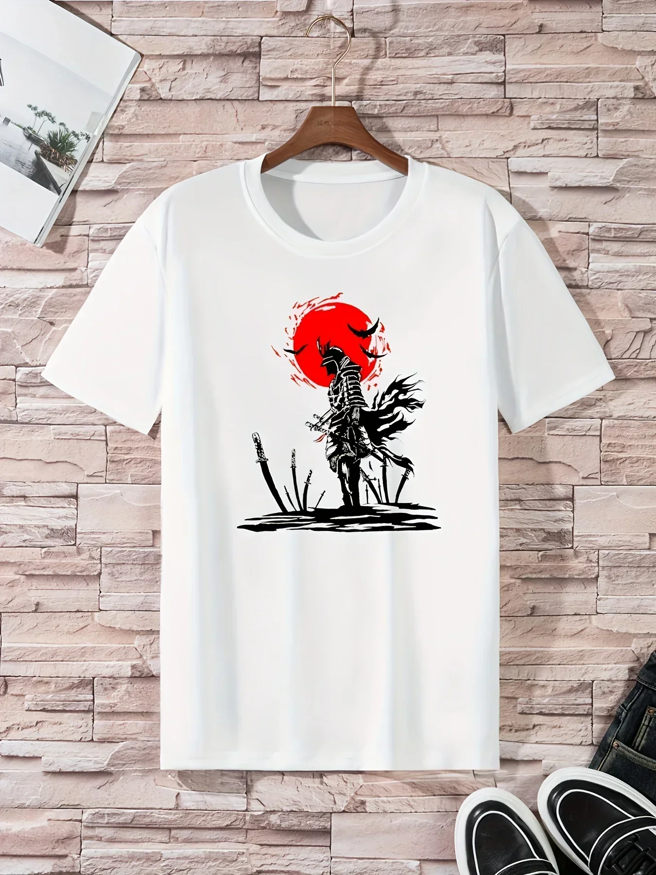 Samurai Print, Men's Graphic Design Crew Neck Novel T-Shirt, Casual Comfy Tees Tshirts For Summer