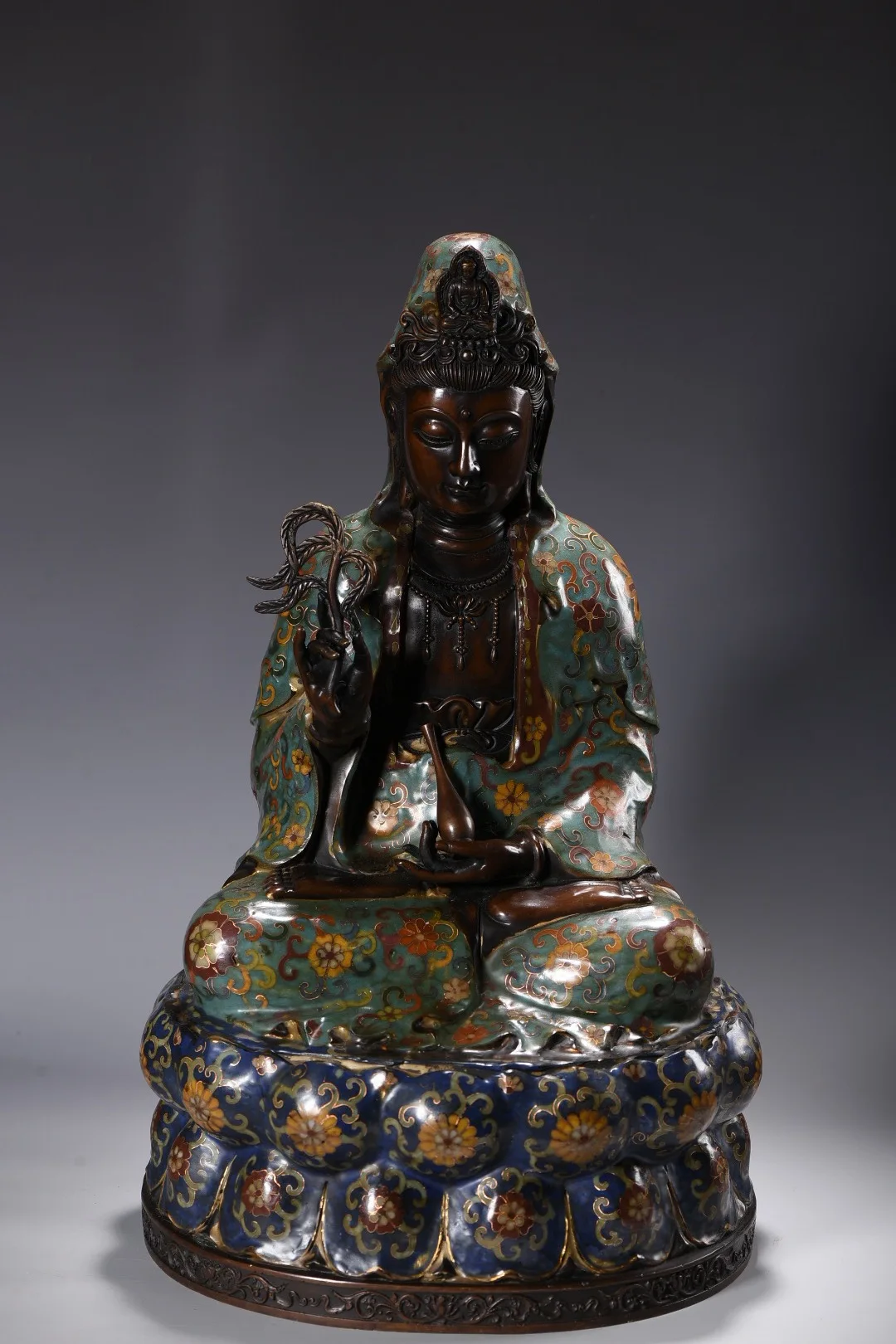 

17"Xizang Folk Collection Old Bronze Cloisonne High Relief Guanyin Bodhisattva Sitting Buddha Lotus Terrace Worship Hall