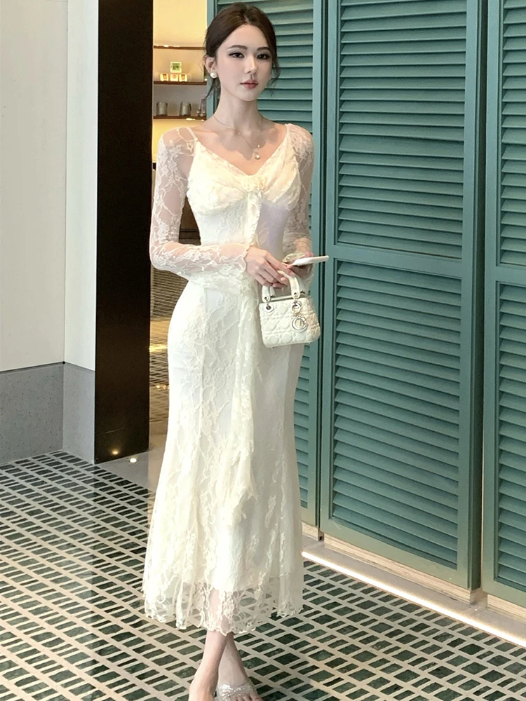 Otoño blanco encaje Jacquard manga larga con cuello en V vestido largo Sexy 2025 vestido de fiesta de lujo coreano mujeres elegante vestido de noche ajustado