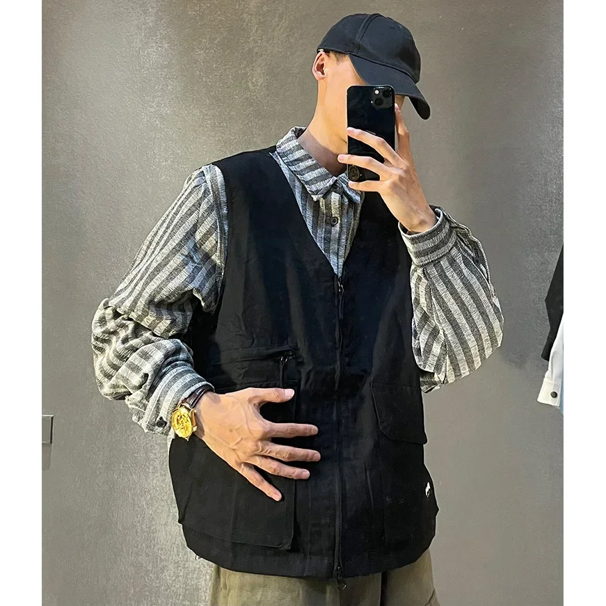 Vest Splice Stripe Long Sleeve Oversize Shirt Men Japanese Korean Streetwear Fashion Loose Casual Plus Size Cargo Shirts Blouses