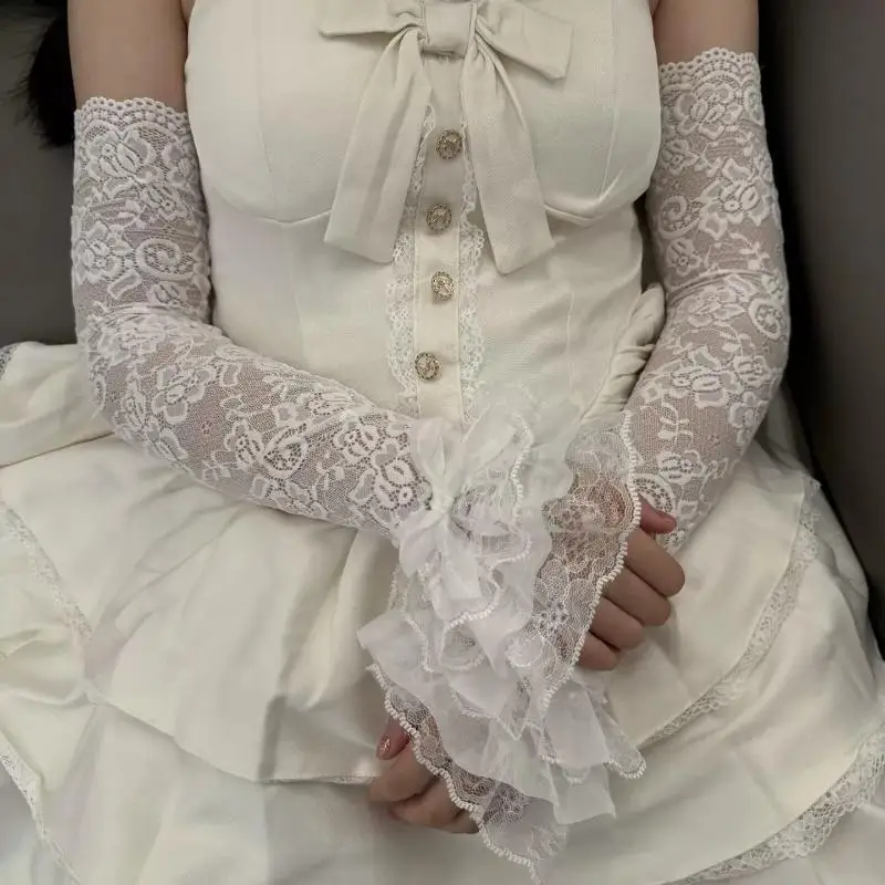 {MAX-66} 1 Pair Black Gothic Fake Elastic Long Arm Sleeves Women Lolita JK Lace Fingerless Gloves Clothes Decoration