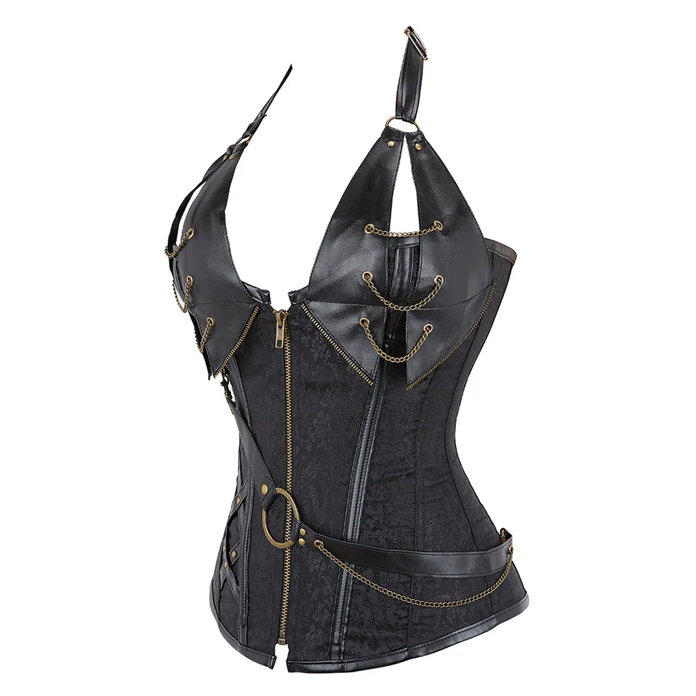 Steampunk Leather Corsets Top Plus Size Sexy Halter Overbust Bustier Gothic Pirate Vintage Outerwear Burlesque Basque Costume