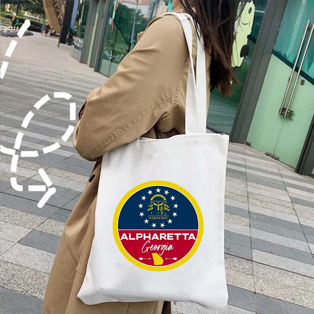 Vintage Love Heart Georgia State Flag Peta Letter Print Wanita Kanvas Pembelanja Katun Tas Tote Tas Tangan Bahu Belanja