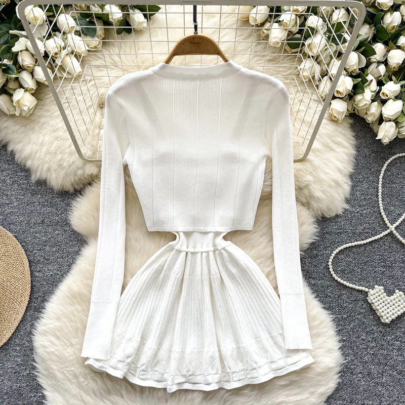 Koreaanse Stijl Vrouwen Korte Witte Gebreide Vest Cinched Taille Jarretel Jurk Pure Desire Stijl Tweedelige Set