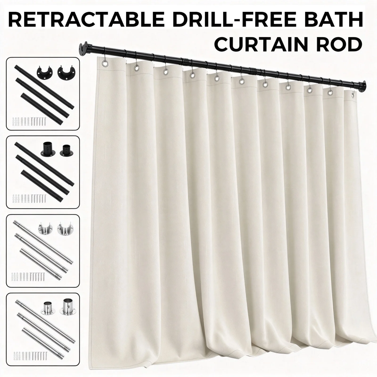 Shower Curtain Pole 74-223.5cm Extendable Tension Curtain Rod Stainless Steel Heavy Duty Shower Curtain Rail for Bathroom Window