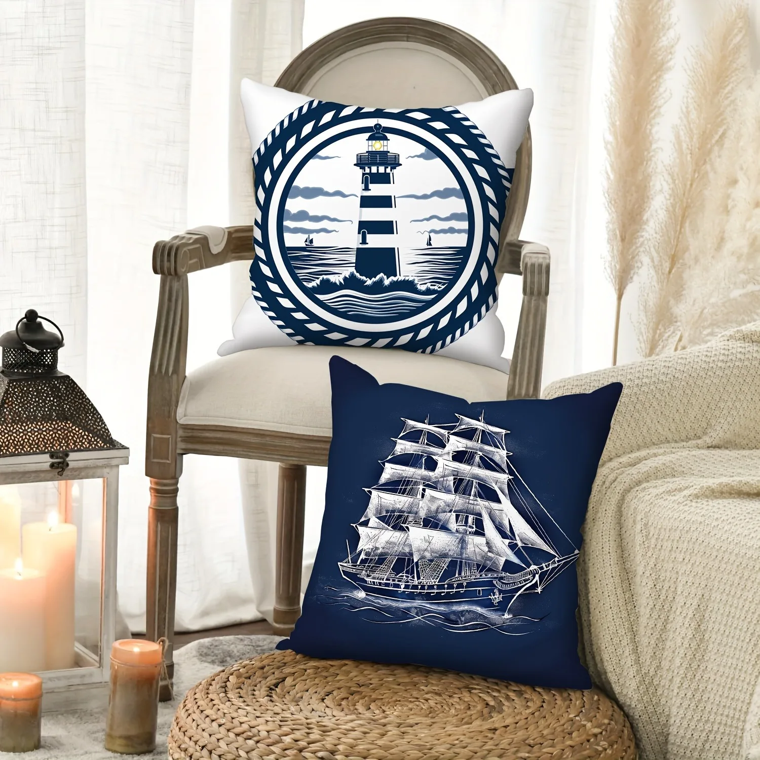 Anchor compass decorative pillowcase, ultra-soft polyester material living room sofa backrest car pillowcase home decoration