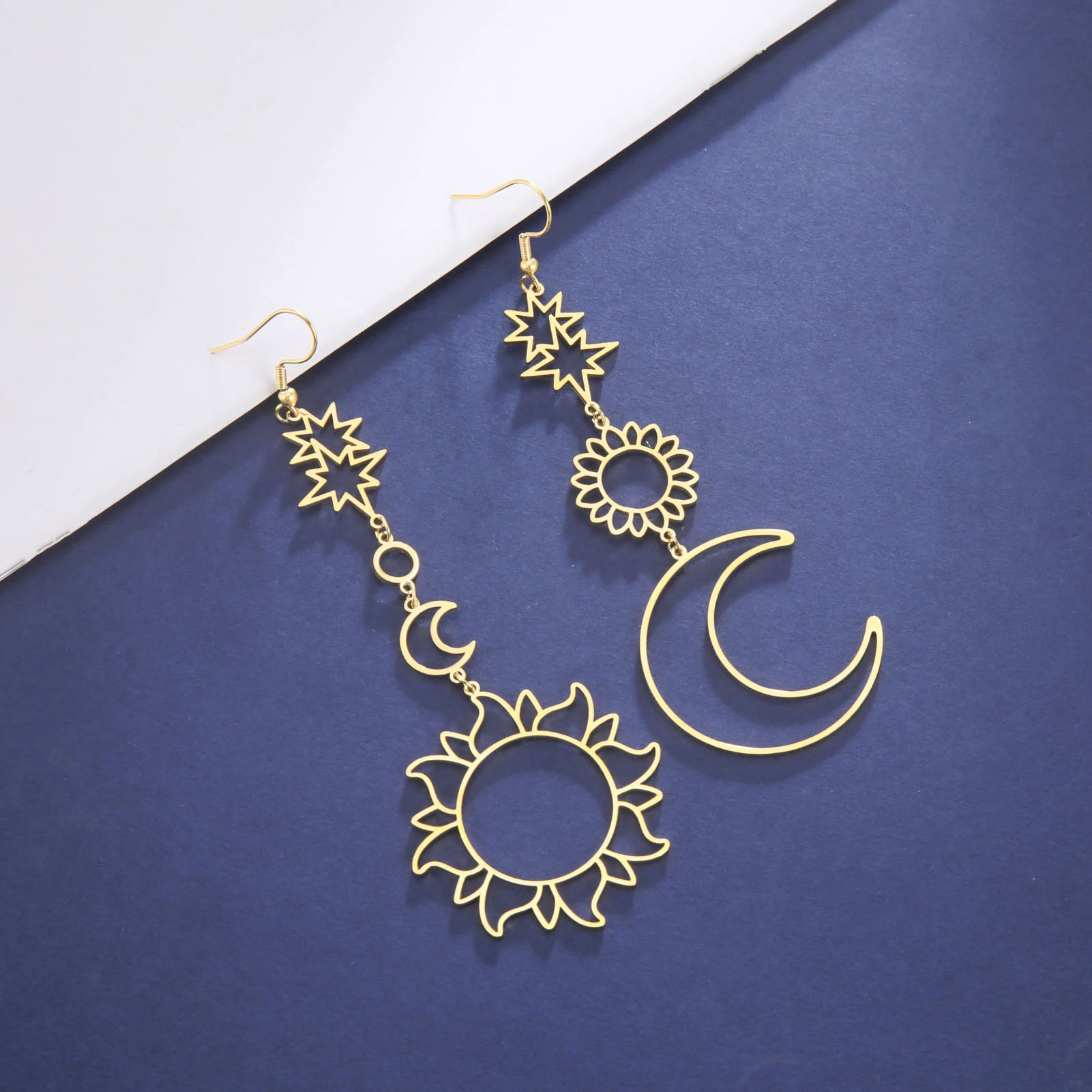 Teamer Star Sun Moon orecchini orecchini lunghi dichiarazione gioielli bohémien moda acciaio inossidabile Big Sun Crescent Moon Drop Earings