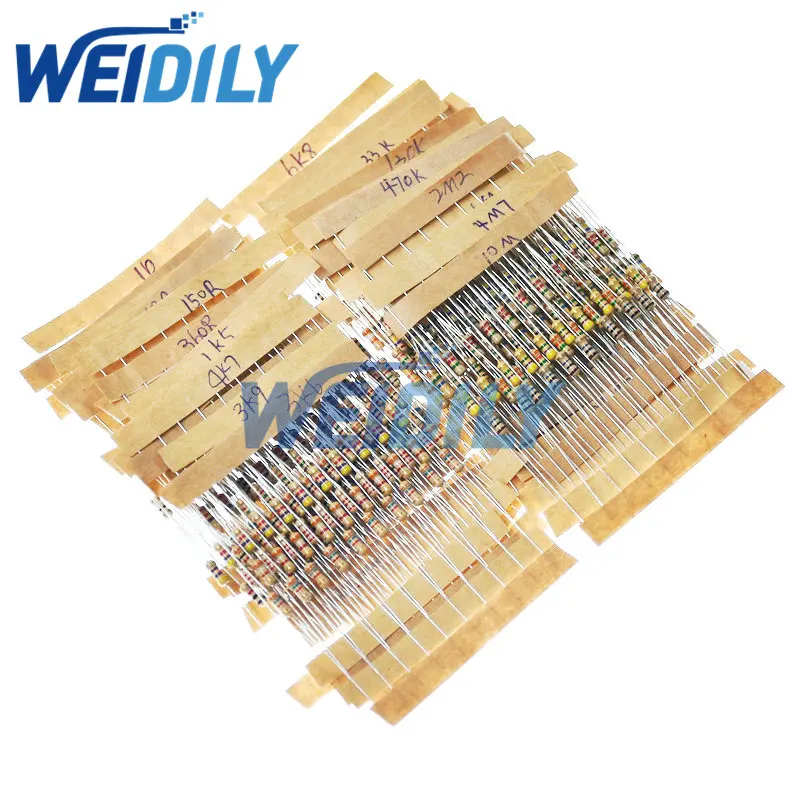 500PCS 1/4w 0.25w 5% Carbon Film Resistor Kit 1 ohm-10M ohm Resistance Assortment Pack Mix Selection 50 Values Each 10PCS