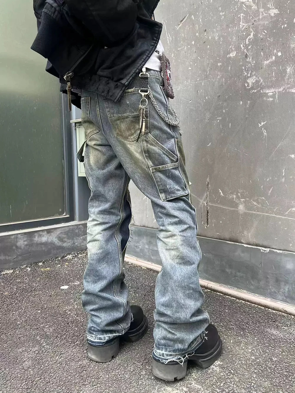 Streetwear Handmade Mud Dyed Dirty Blue Baggy Jeans for Men Distressed Hole Casual Patchwork Denim Trousers Oversized