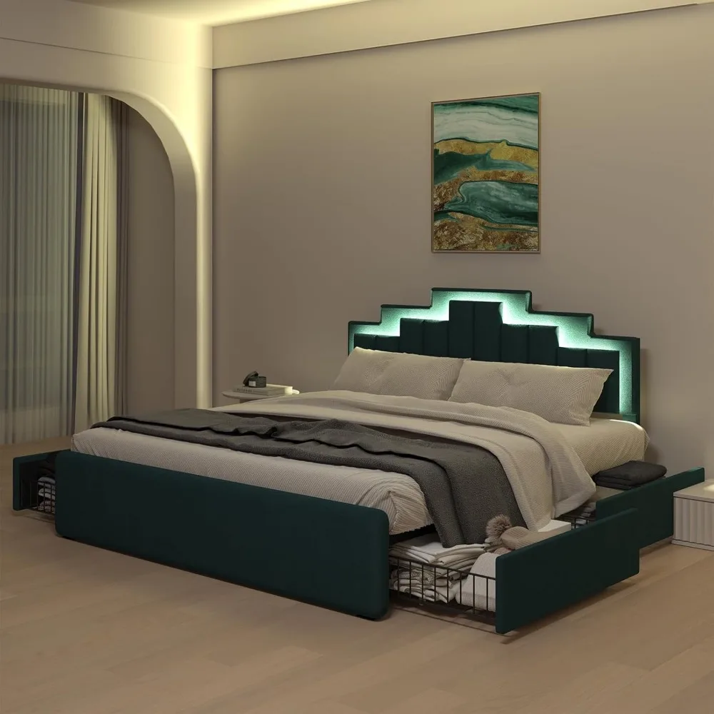 Queen Size Bedframe Met 4 Opbergladen, Led-Licht En Verstelbaar Hoofdeinde, Houten Lamellen Ondersteuning, Bedframe