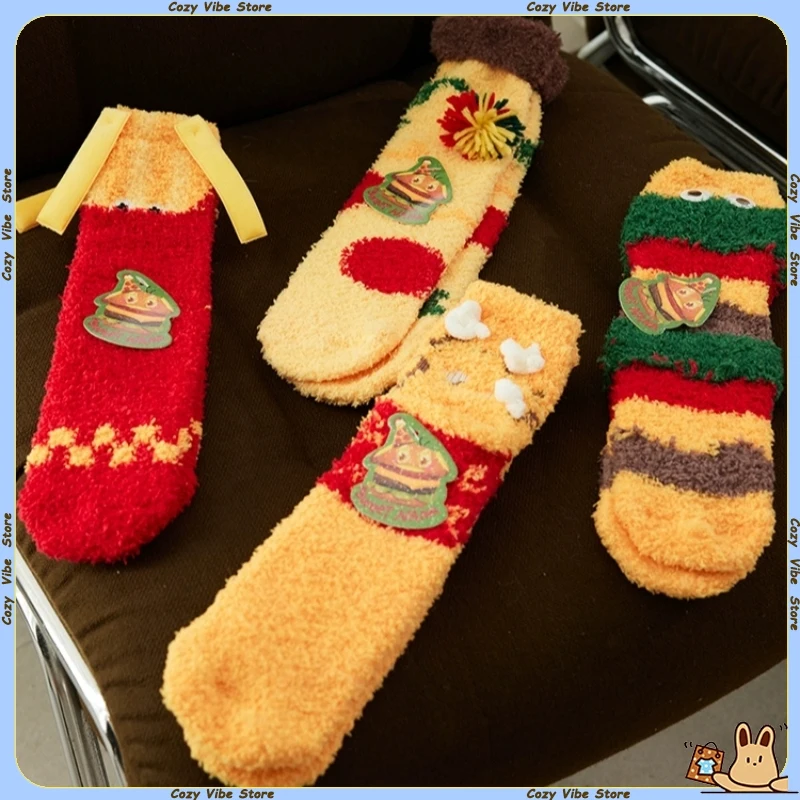 

Funny Socks Colorful Pizza Burger French Fries Women Autumn Winter Coral Fleece Thicken Warm Sleep Socks Home Floor Sock Gifts