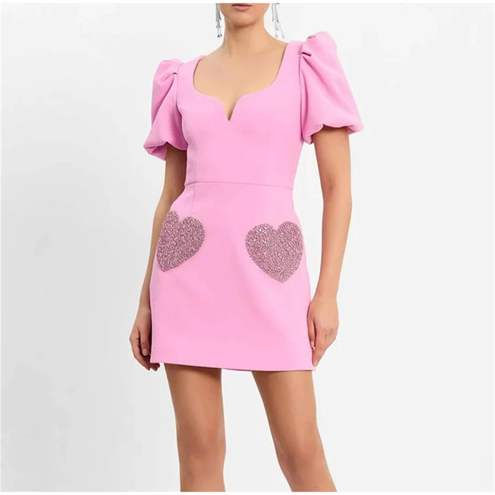 Women Pink Sequin Heart-shaped Hollow Out Mini Dress Female Sexy Solid Short Sleeve High Waist Vestido High Street Female Robe