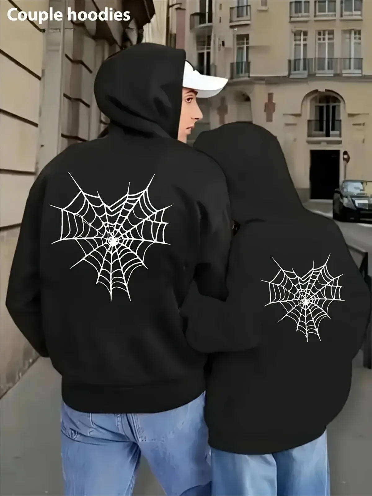 1 pezzo [stile per coppia] Divertimento modello gotico di ragnatela Design abbinato Felpe con cappuccio per coppia Comode felpe con cappuccio larghe per il regalo di San Valentino
