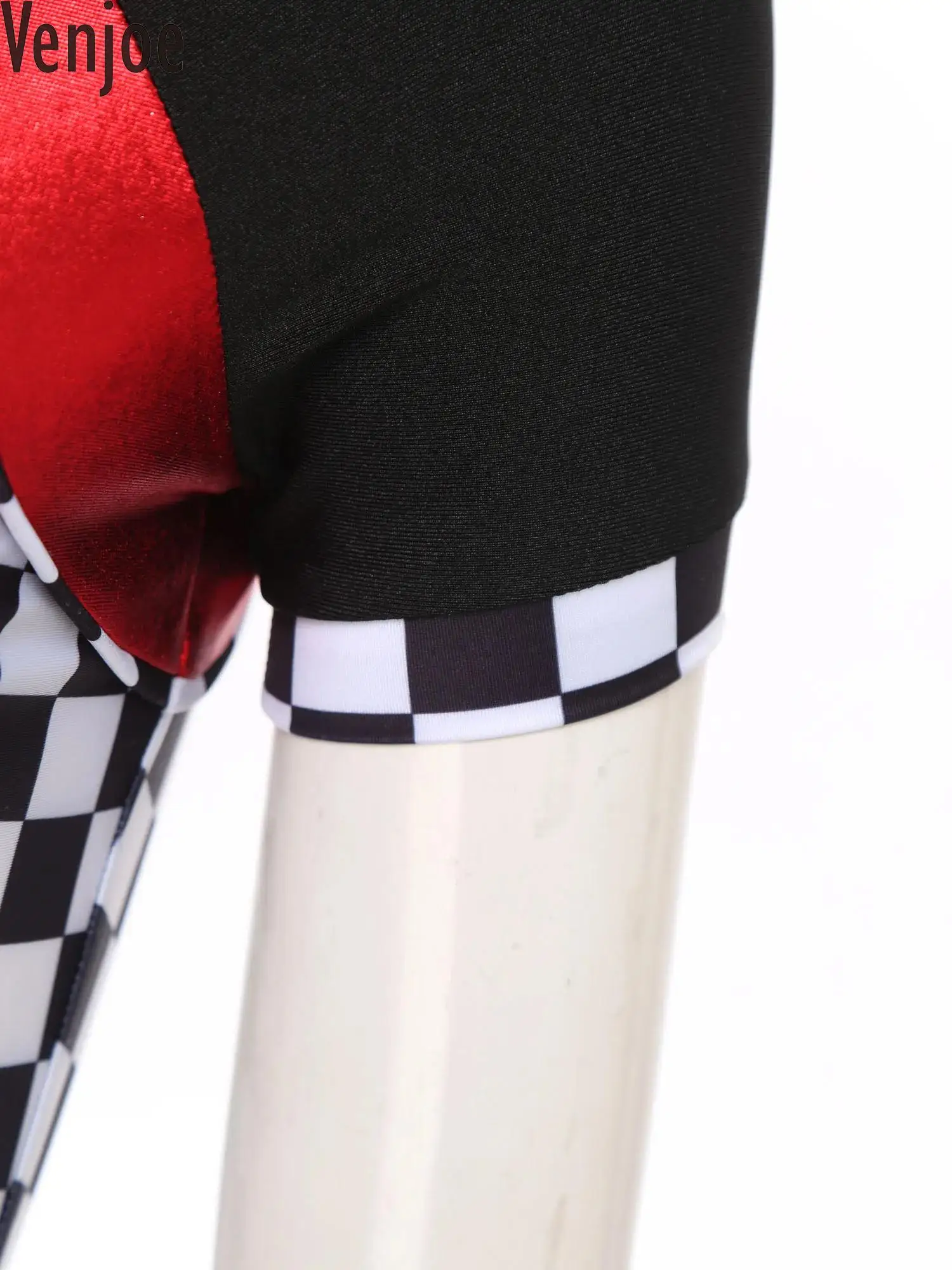 

Women Color Block Plaid Stand Collar Short Sleeve Front Zipper Slim-fitting Shiny Jumpsuit Racer Costume for Themed Party