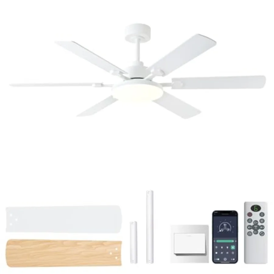 

Indoor Outdoor Patio Use, ABS Plastic, White, 56 Inch Ceiling Fan with Dimmable LED Light, 6-Speed Reversible Motor, Silent Tim