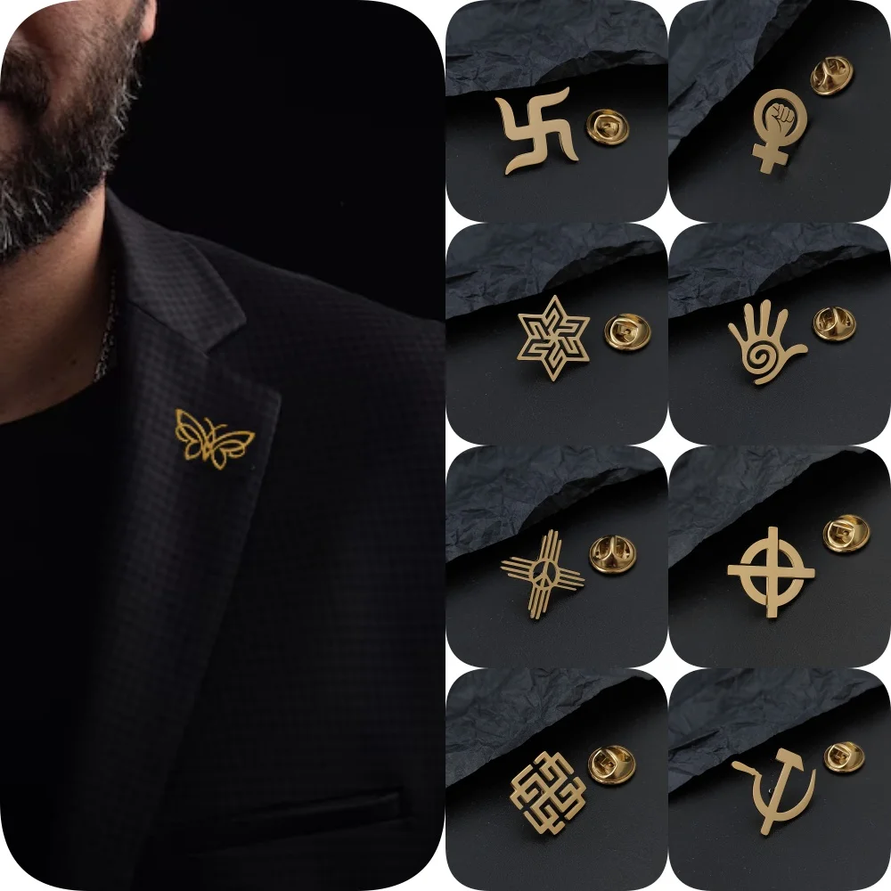 Fashion trend geometric collar brooch men\'s suit lapel pin stainless steel gold-plated accessories wholesale