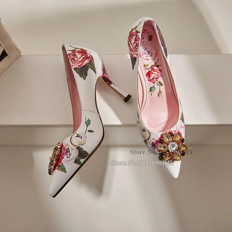 

Женские кожаные туфли на высоком каблуке, туфли-лодочки с острым носком и цветочным принтом из сказочной кожи