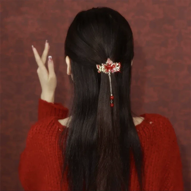 

Female Headdress Autumn Winter Alloy Red Rhinestone Hair Accessory Women Girls New Headwear Small Hair Clip Festivals Hairpins
