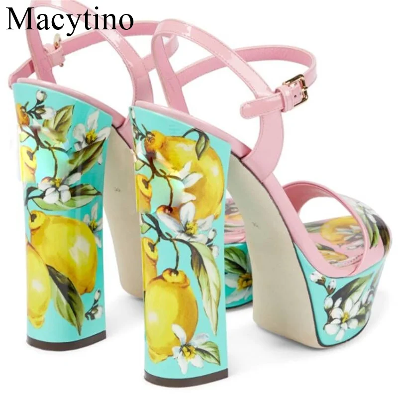 2024 14CM Heels Fashion Summer Shoes Women Sandals New Peep Toe High Heels Platform Flower Print Party Shoes Female Large Size