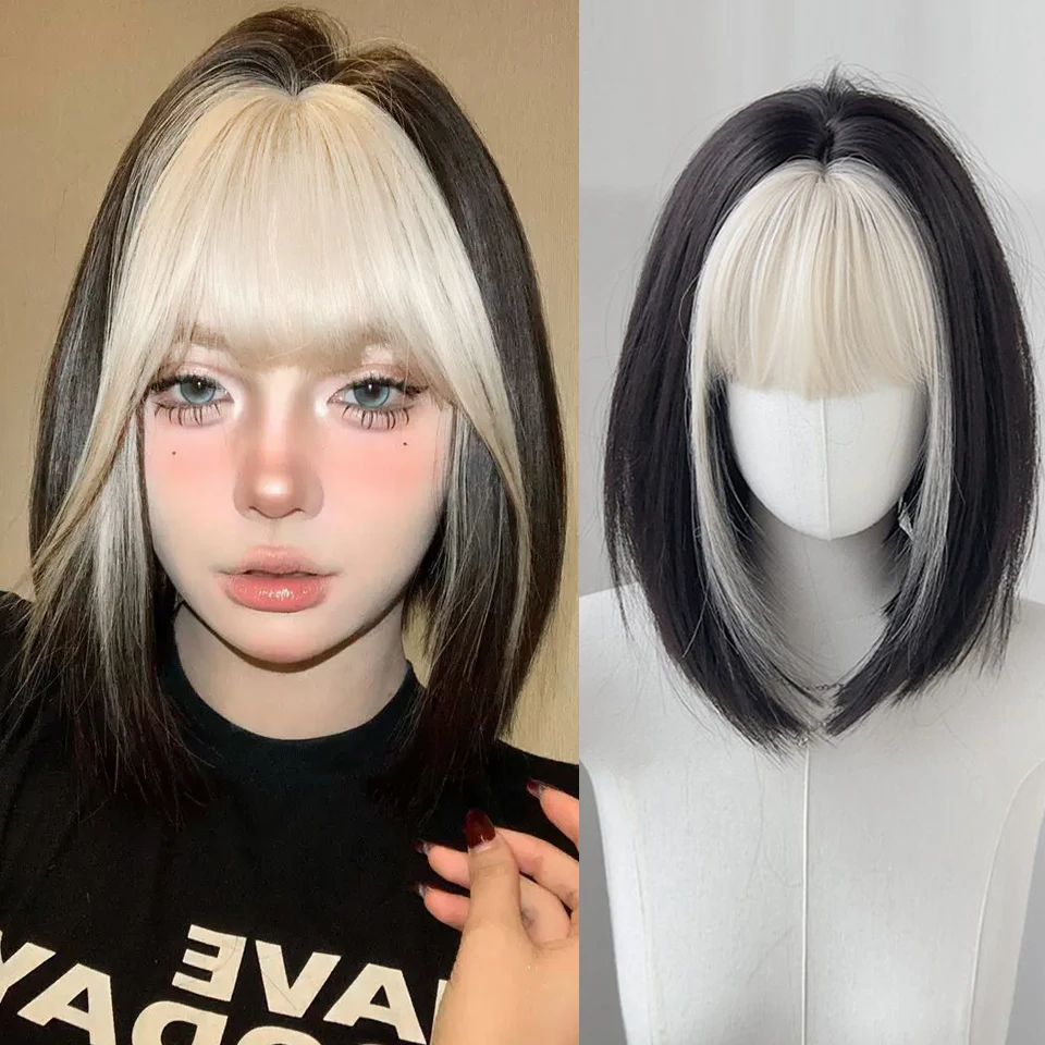 Silvery White Bangs Bob Wigs Short Black Straight Synthetic Wigs for Women Daily Party Cosplay Halloween Heat-resistant Hair