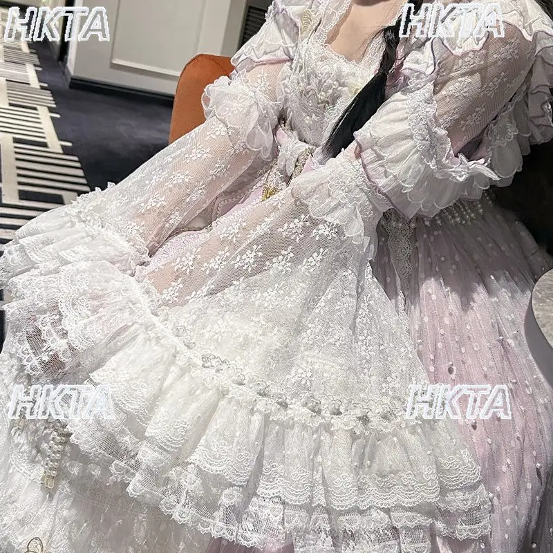 

Японская милая лолита-блузка с длинными рукавами, квадратным вырезом, сетчатая, с кружевными цветами, свободная, белая, короткая, для женщин