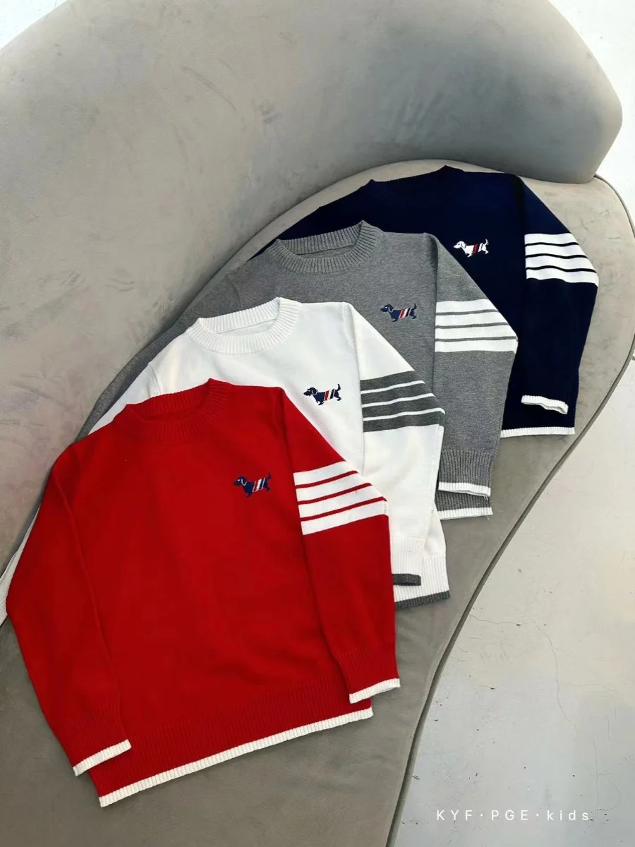 Children's College Style Knitwear Boys' Spring Autumn Trendy Brand Four Stripe Little Dog Knitted Sweater Baby round Neck Ove...