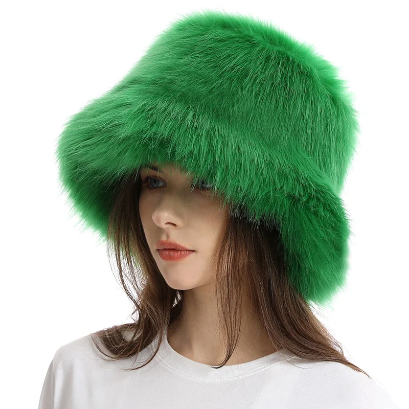 Hat Woman Winter Faux Fur Fisherman Hat Woman Versatile Warm Female Casual Party Fur Hats Women's Cap Ins Plush Bucket Hat