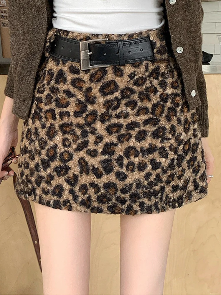 

Vintage Leopard Y2K Skirt Women Fall Winter Faux Woolen High Waist Slim Mini Skirts American Hip Hop Streetwear Lady Retro Skirt