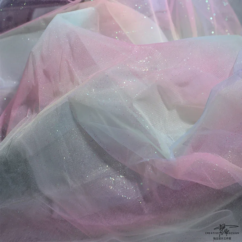 Mesh Fabric Soft Thin Gauze Dreamy Gold Stamping Colorful Sequins Rainbow Gradient Color Wedding Shooting Background Clothing
