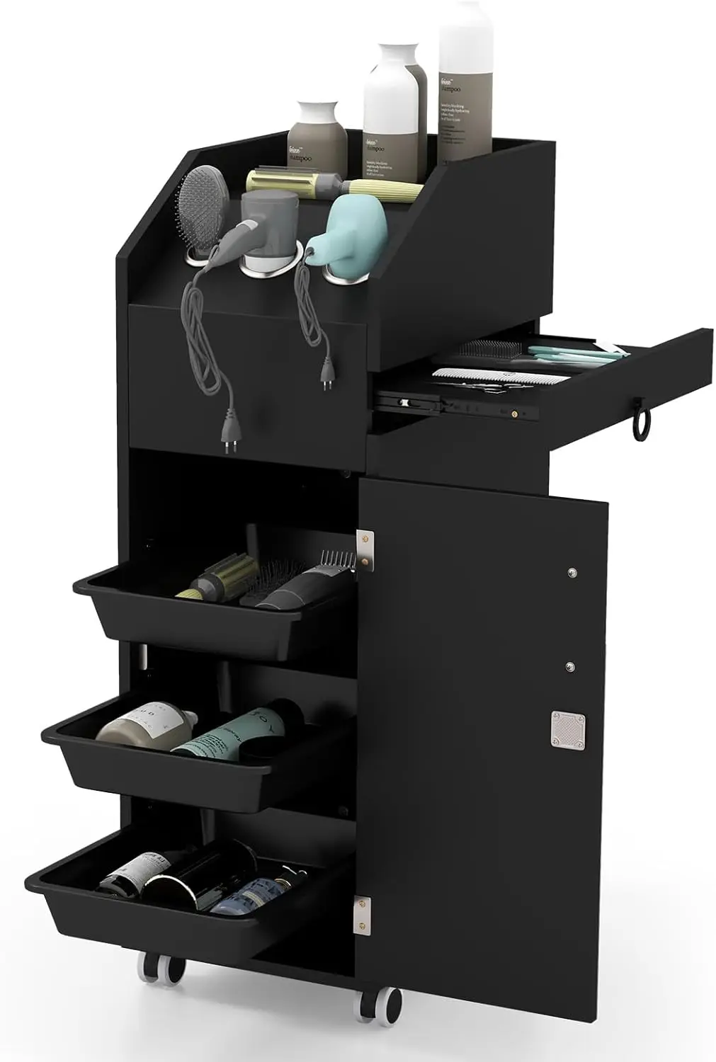 

Salon Trolley Cart, Spa Beauty Cart with Wheels, 3 Drawers, Side Tray, 3 Hair Dryer Holders & 2 Keys, Salon Station for Hair