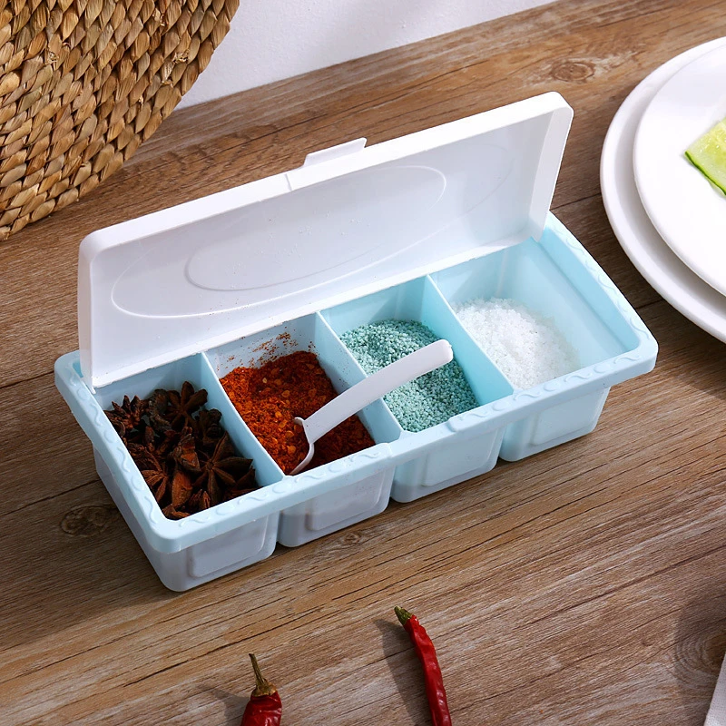 4-Compartment Seasoning Box, Multifunctional Plastic Container for Salt & MSG, Divided Kitchen Storage with Spoon & Lid