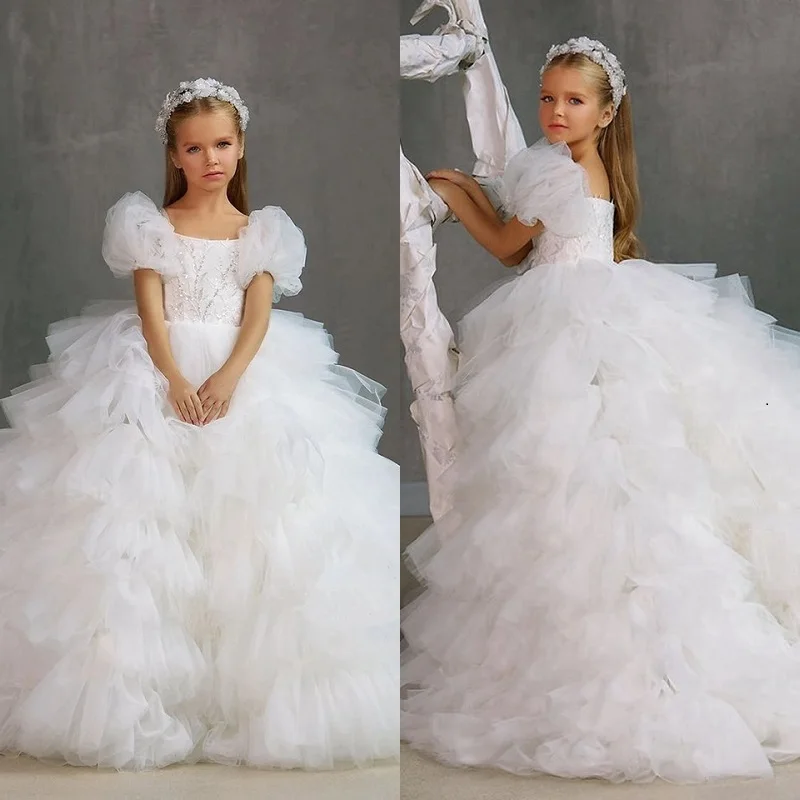 Branco em camadas vestido de baile vestidos da menina flor para o casamento 2023 mangas inchadas curtas glitter lantejoulas apliques primeiro comunhão vestidos