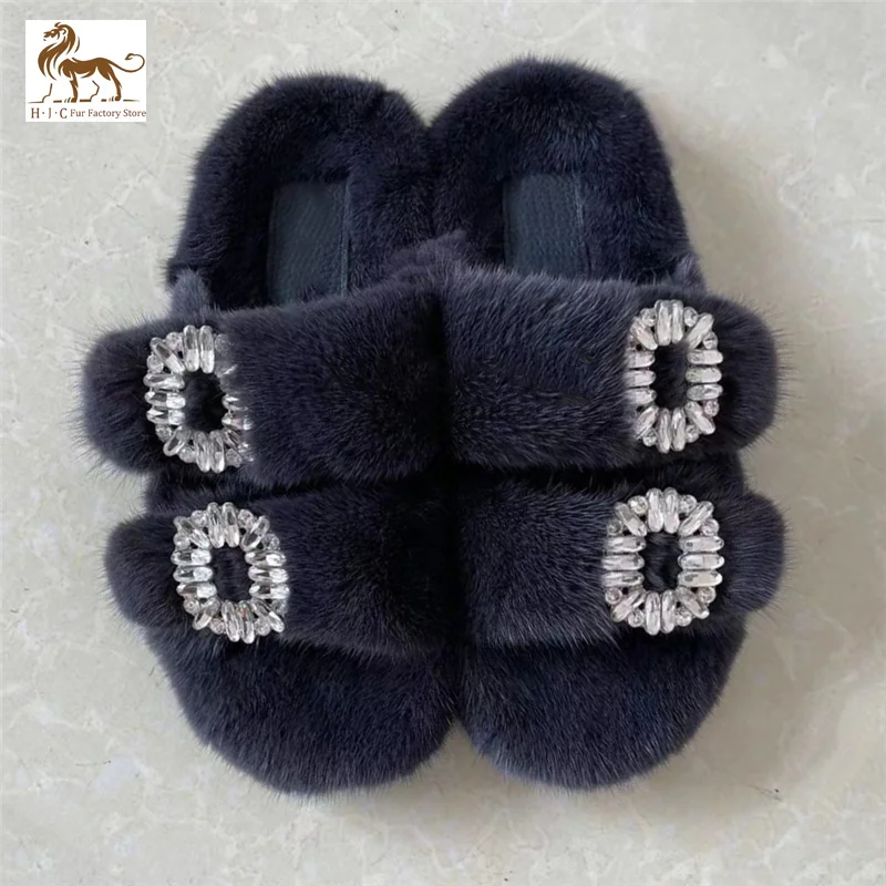 Women Shoes Winter 100% Mink Fur Slippers Real Furry Round Toe Flat Sandals Zapatos Mujer 2024 Tendencia Zapatillas For Girls