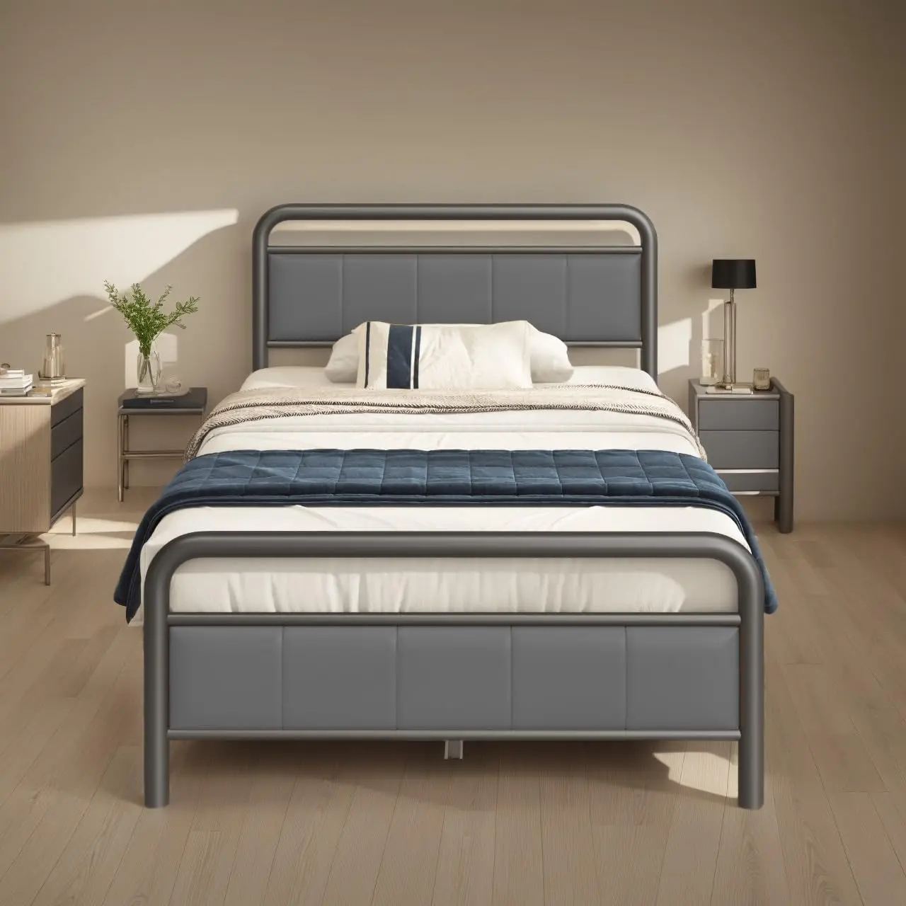 

Twin Platform Bed With Upholstered Headboard And Footboard, Heavy Duty Metal Slats Support Bed Frame, No Box Spring Needed,